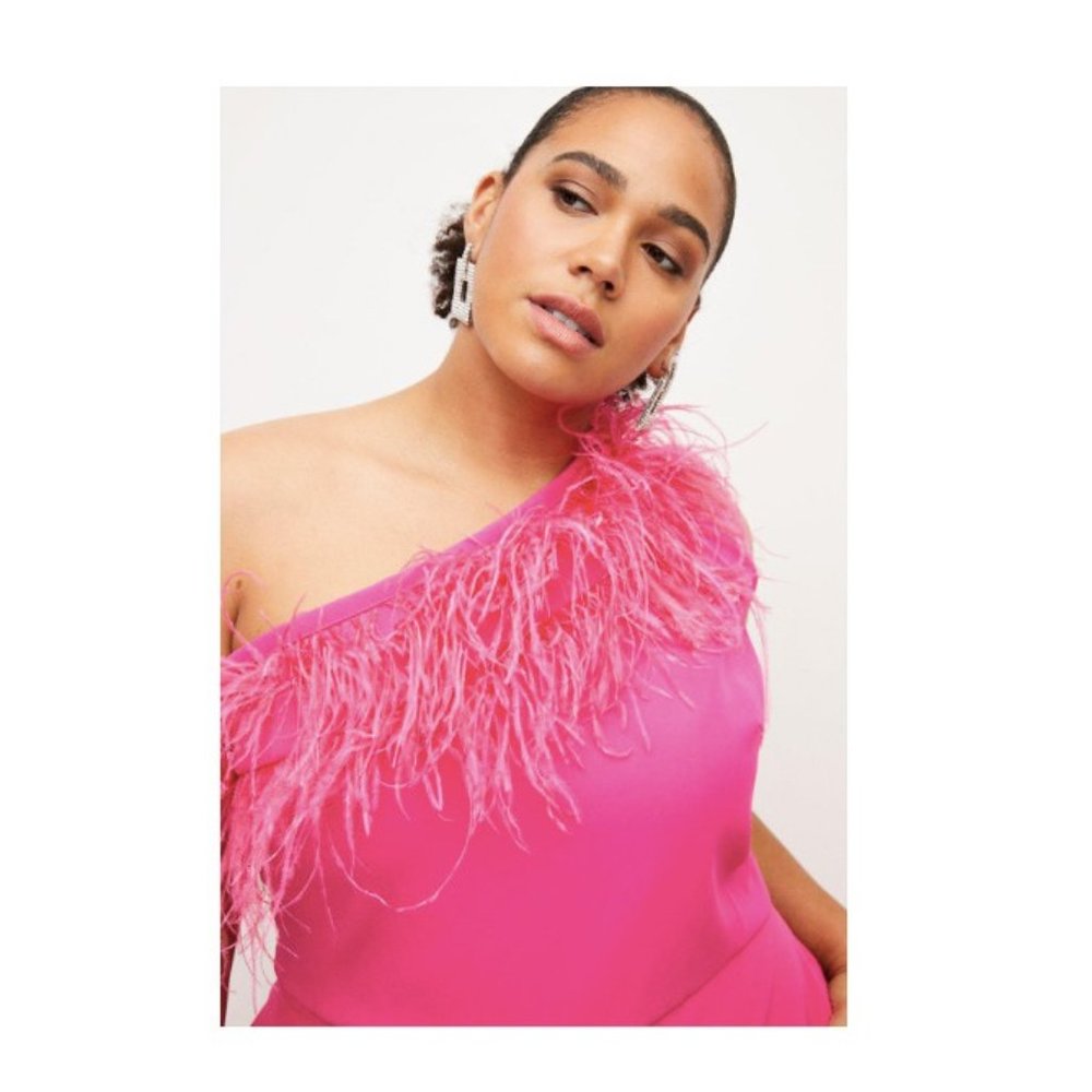 Karen Millen Pink Ostrich Feather One Shoulder Jumpsuit Sz 20 Plus NWT - Picture 2 of 8